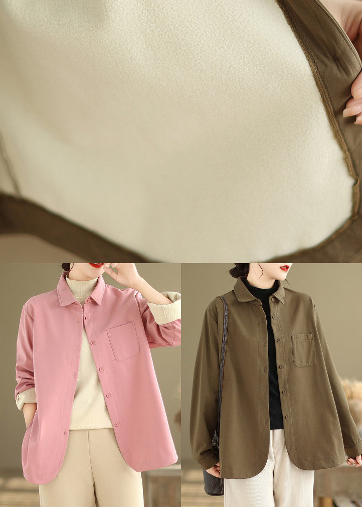 French Pink Oversized Pockets Fleece Wool Lined Coats Winter