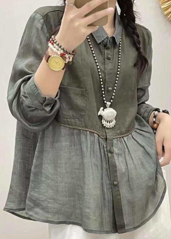 French Pink Peter Pan Collar Wrinkled Patchwork Long Sleeve Linen Top
