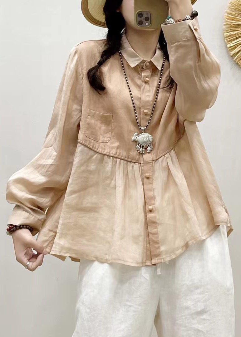 French Pink Peter Pan Collar Wrinkled Patchwork Long Sleeve Linen Top