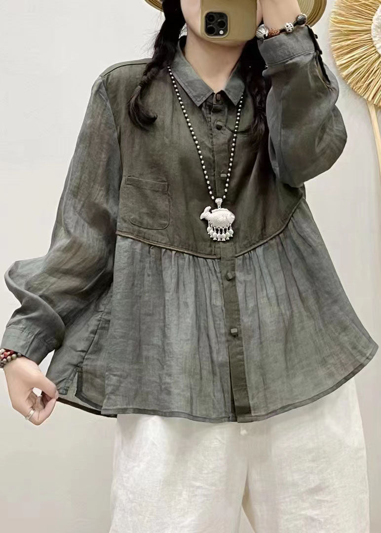 French Pink Peter Pan Collar Wrinkled Patchwork Long Sleeve Linen Top