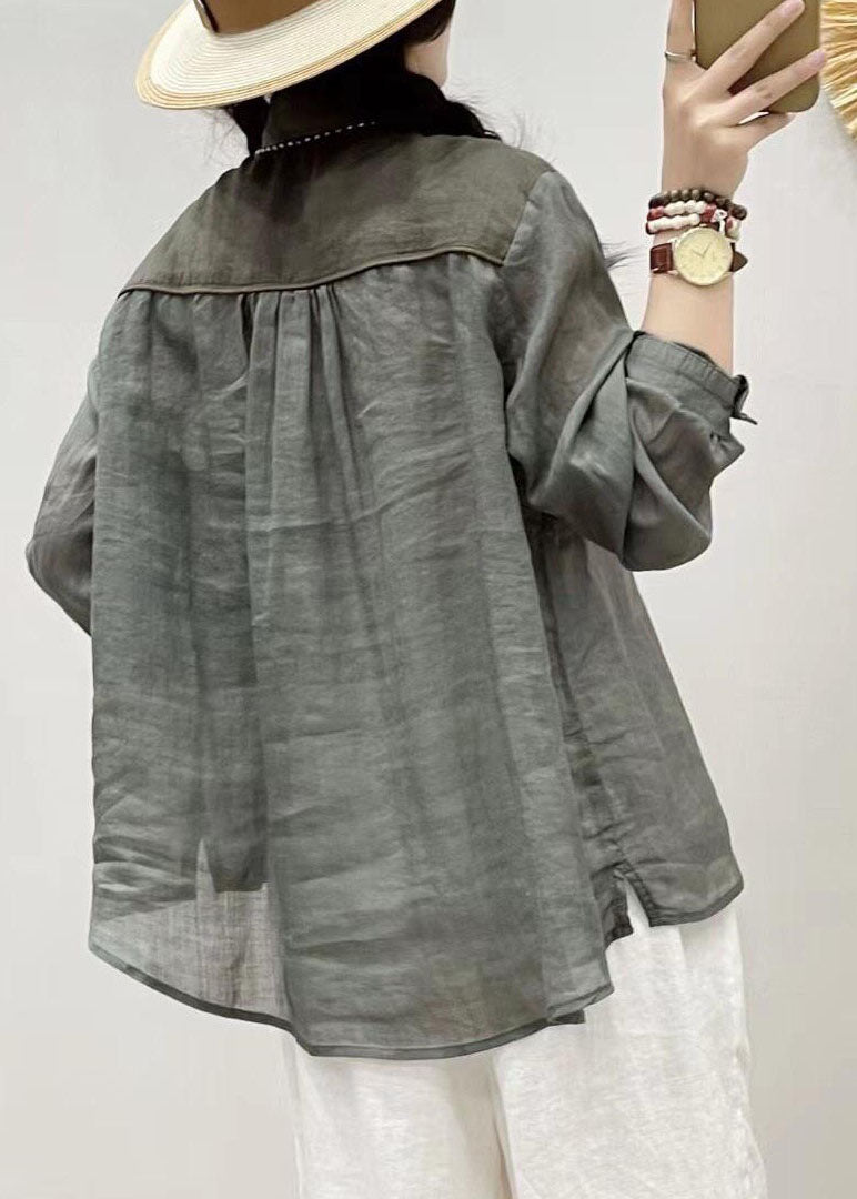 French Pink Peter Pan Collar Wrinkled Patchwork Long Sleeve Linen Top