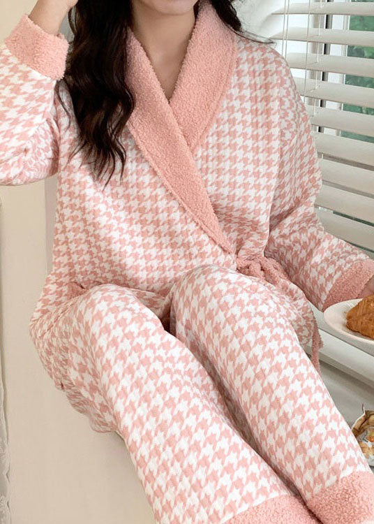 French Pink Plaid Lace Up Thick Cotton Pajamas Two Pieces Set Spring