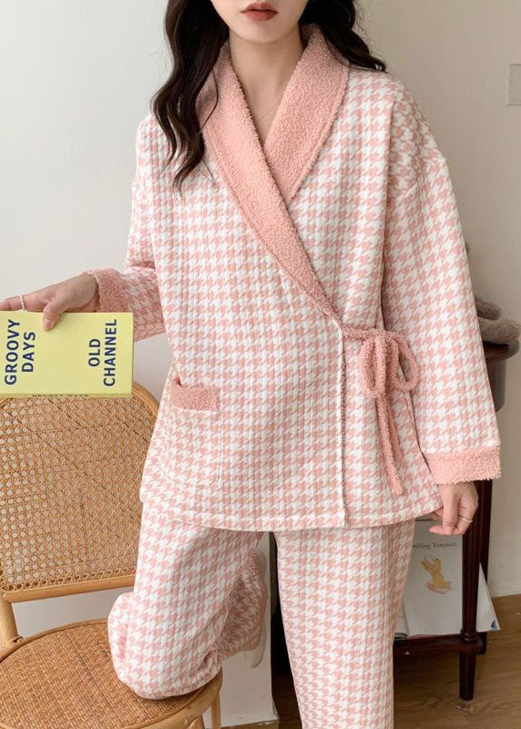 French Pink Plaid Lace Up Thick Cotton Pajamas Two Pieces Set Spring