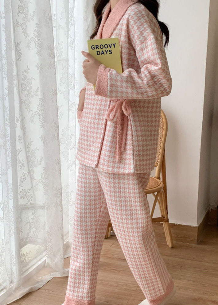 French Pink Plaid Lace Up Thick Cotton Pajamas Two Pieces Set