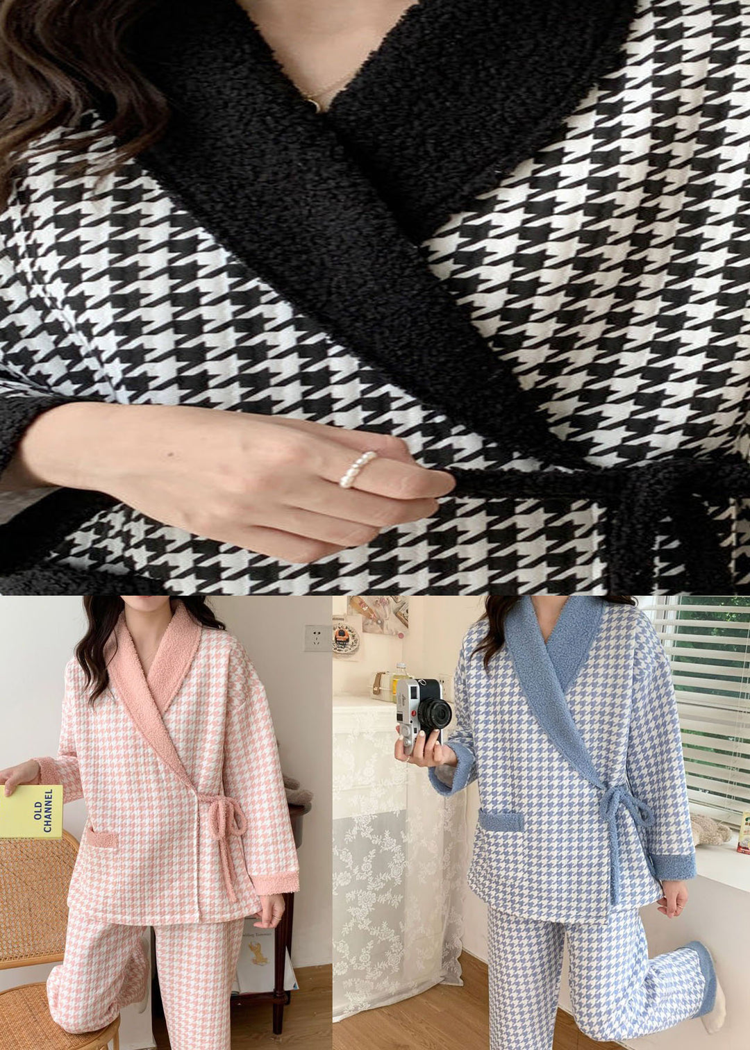 French Pink Plaid Lace Up Thick Cotton Pajamas Two Pieces Set
