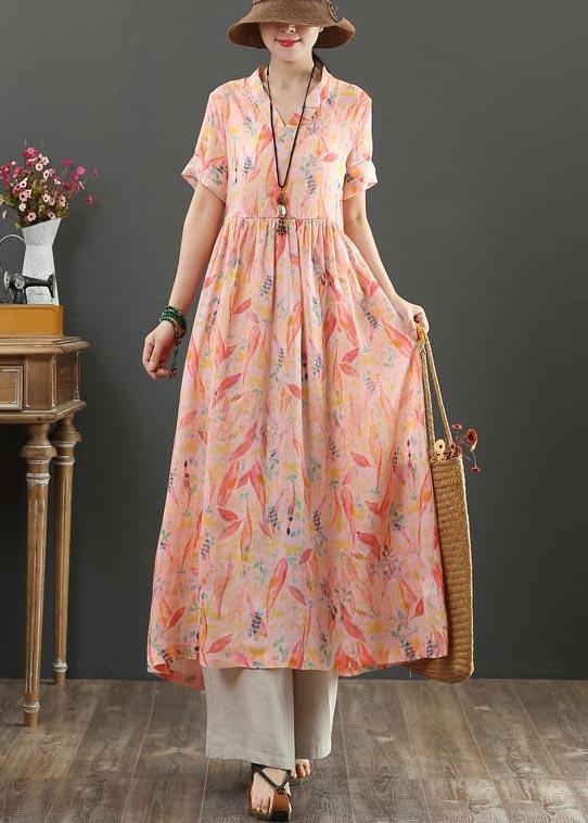 French Pink Print High Waist Summer Linen Dress - Omychic