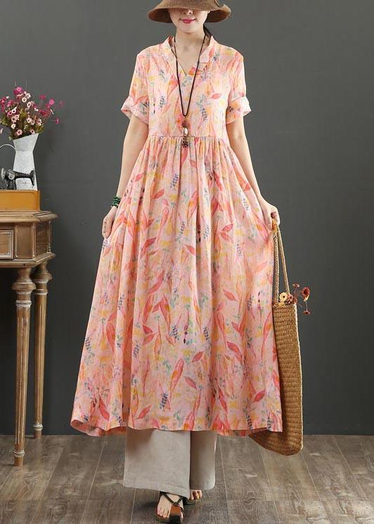 French Pink Print High Waist Summer Linen Dress - Omychic