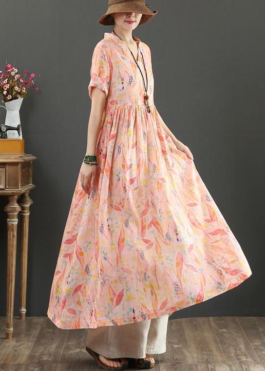 French Pink Print High Waist Summer Linen Dress - Omychic