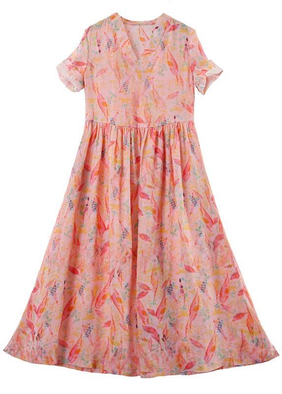 French Pink Print High Waist Summer Linen Dress - Omychic