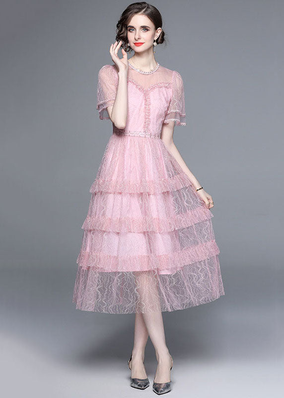 French Pink Ruffled Nail Bead Patchwork Tulle Long Dresses Summer