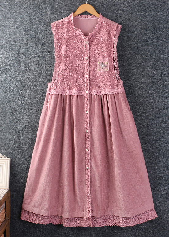 French Pink Ruffled Pockets Lace Patchwork Corduroy Dress Sleeveless