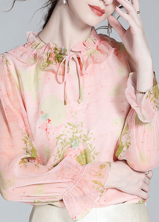 French Pink Ruffled Print Neck Tie Silk Shirts Spring