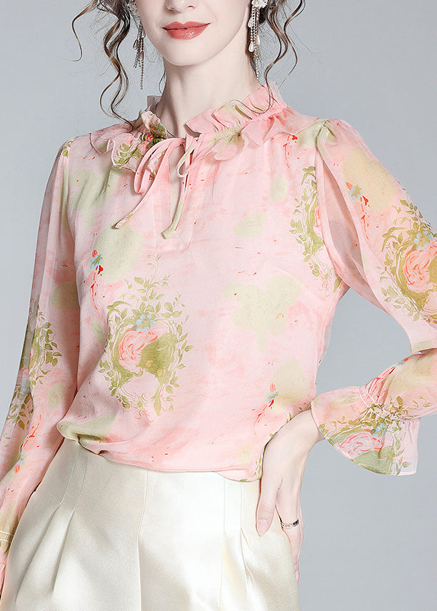 French Pink Ruffled Print Neck Tie Silk Shirts Spring