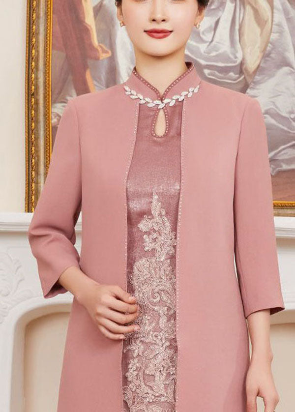 French Pink Stand Collar Embroideried Patchwork Zircon Silk Cheongsam Dresses Long Sleeve