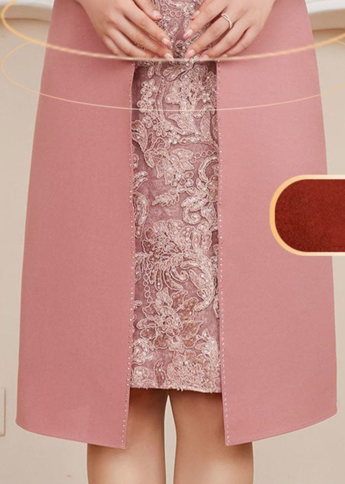 French Pink Stand Collar Embroidered Patchwork Zircon Silk Cheongsam Dresses Long Sleeve
