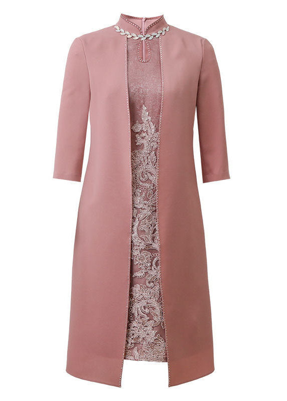 French Pink Stand Collar Embroidered Patchwork Zircon Silk Cheongsam Dresses Long Sleeve