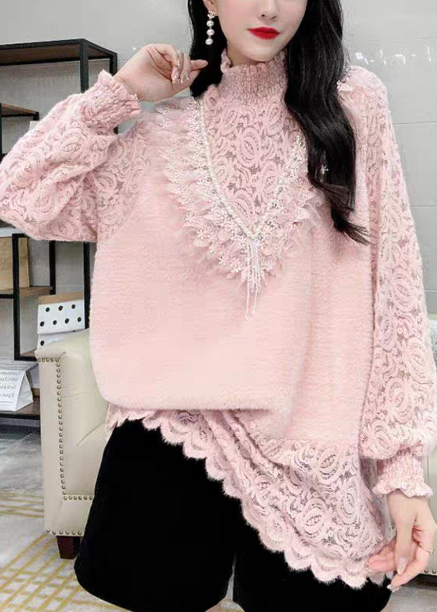 French Pink Turtleneck Nail Bead Lace Warm Fleece Top Winter