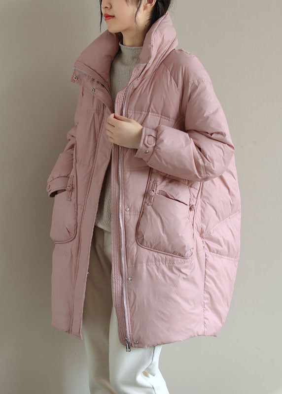 French Pink Zippered Oriental Button Duck Down Puffer Coat Winter