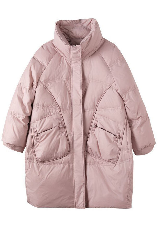 French Pink Zippered Oriental Button Duck Down Puffer Coat Winter