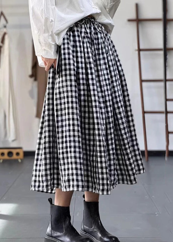 French Plaid Lace Up Elastic Waist Cotton Skirts Fall