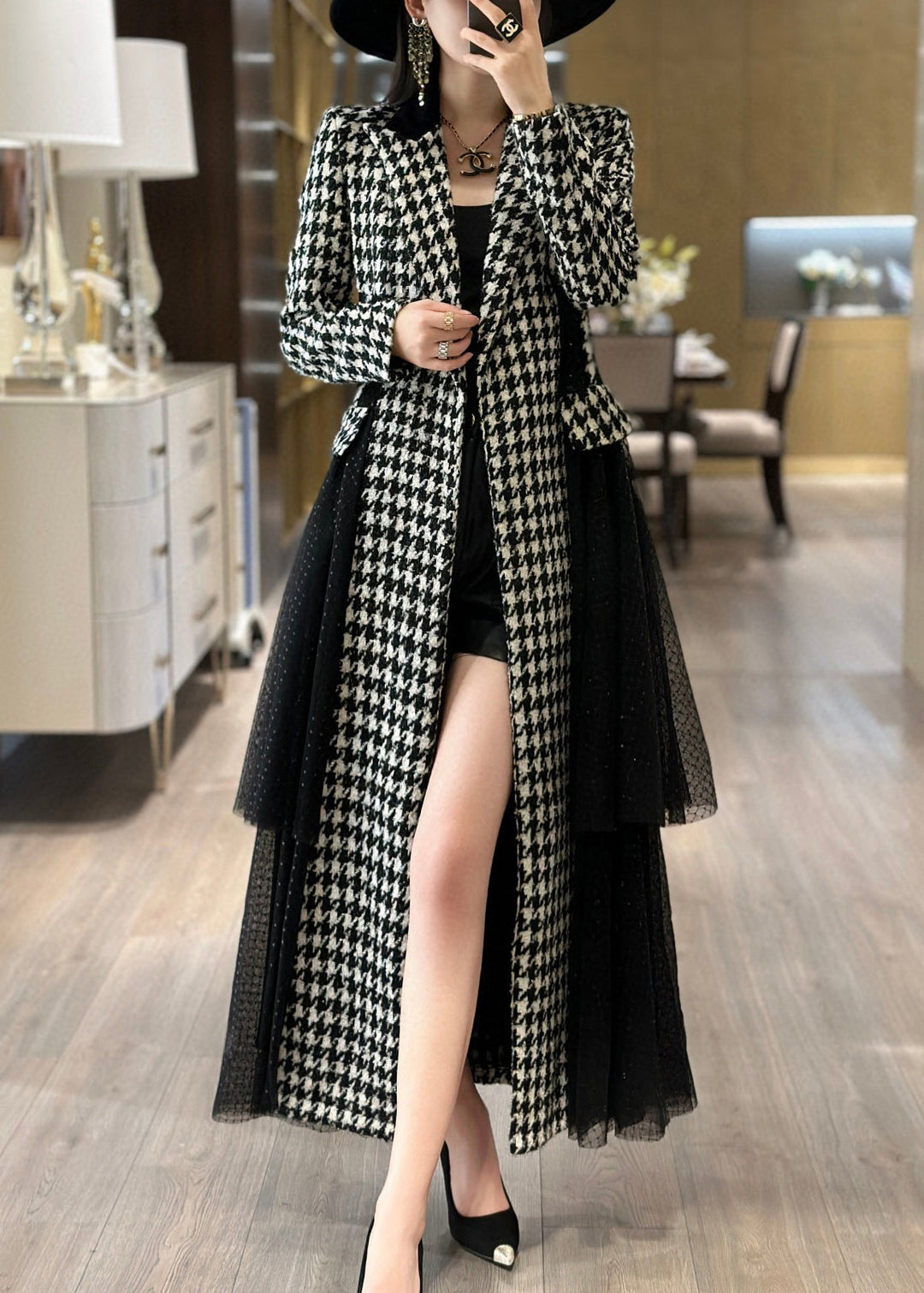 French Plaid Tie Waist Tulle Patchwork Long Trench Coat Fall