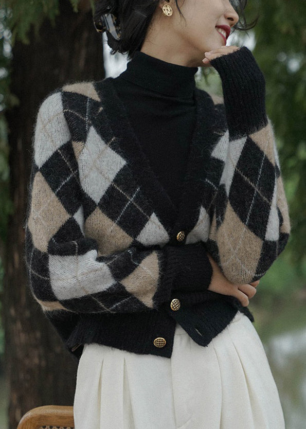French Plaid V Neck Button Patchwork Knit Coats Long Sleeve