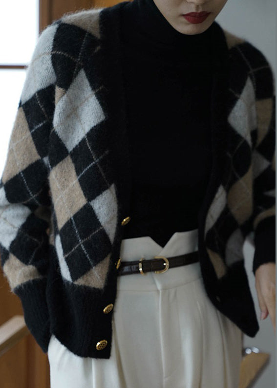 French Plaid V Neck Button Patchwork Knit Coats Long Sleeve