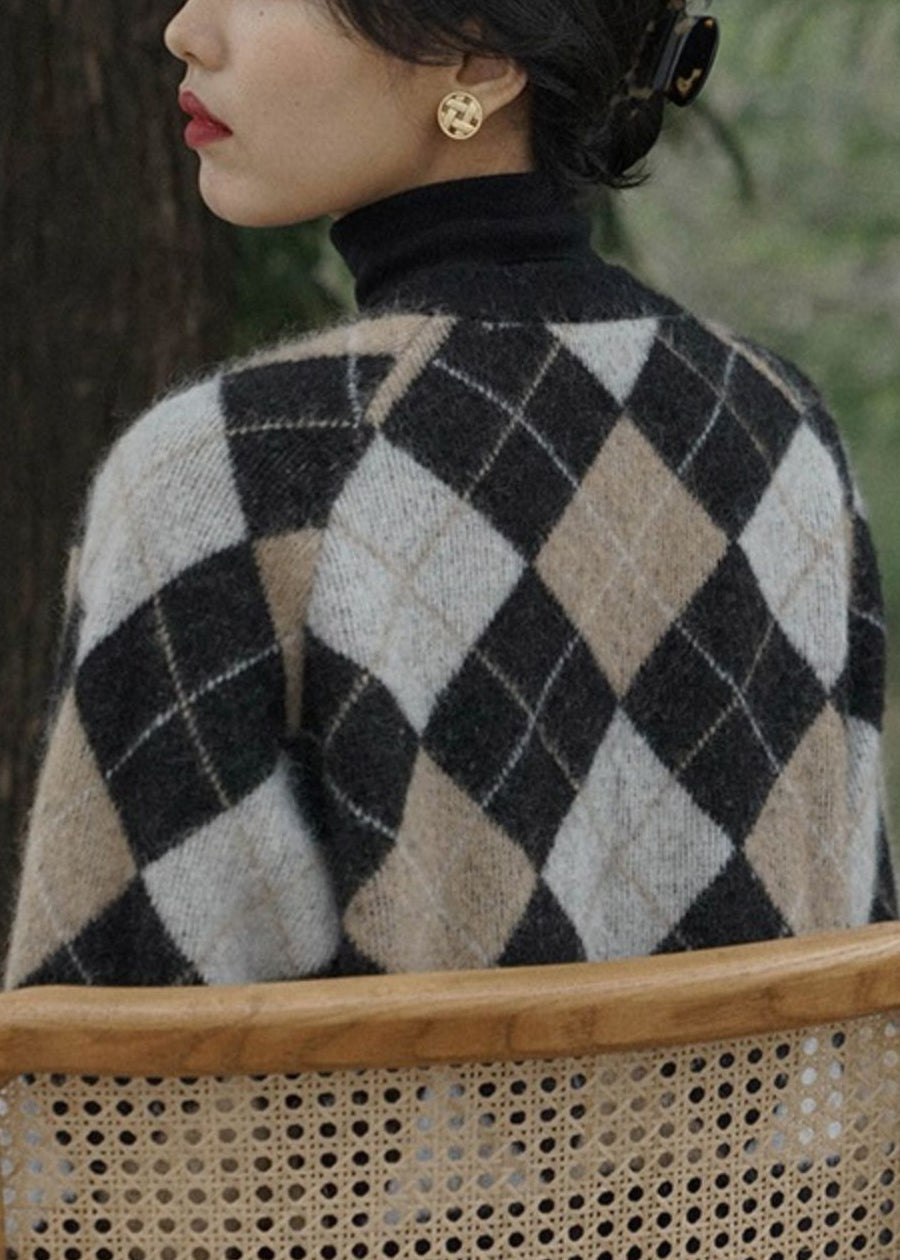 French Plaid V Neck Button Patchwork Knit Coats Long Sleeve