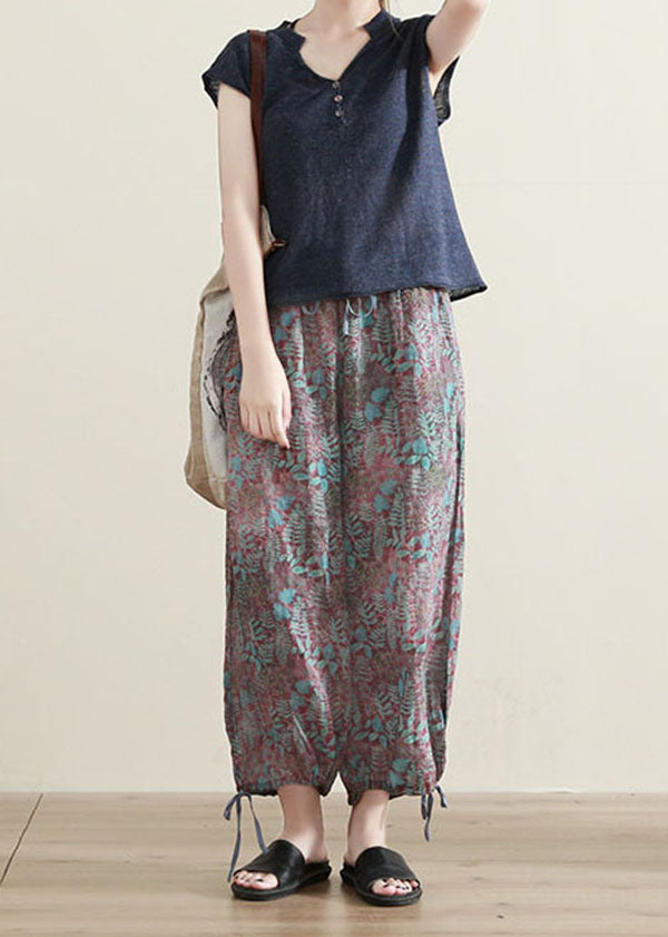 French Print Cinched Pockets Patchwork Cotton Crop Pants Summer