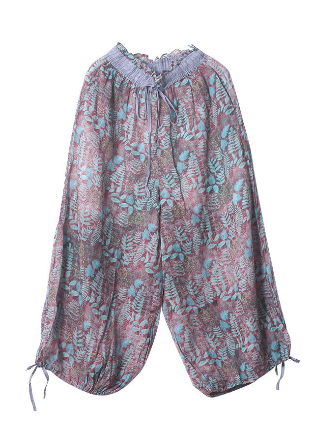 French Print Cinched Pockets Patchwork Cotton Crop Pants Summer