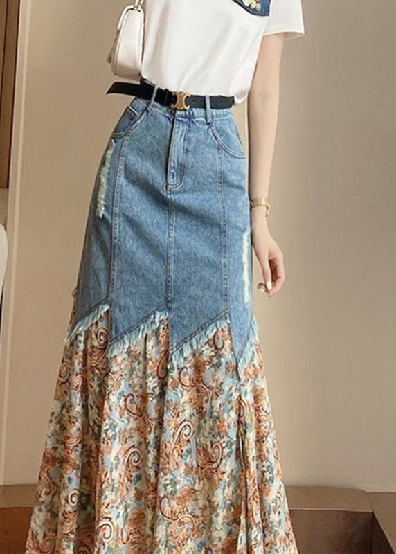 French Print Patchwork Button Denim Maxi Skirts Summer