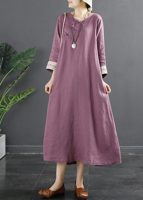 French Purple Clothes Embroidery Long Spring Dresses - Omychic