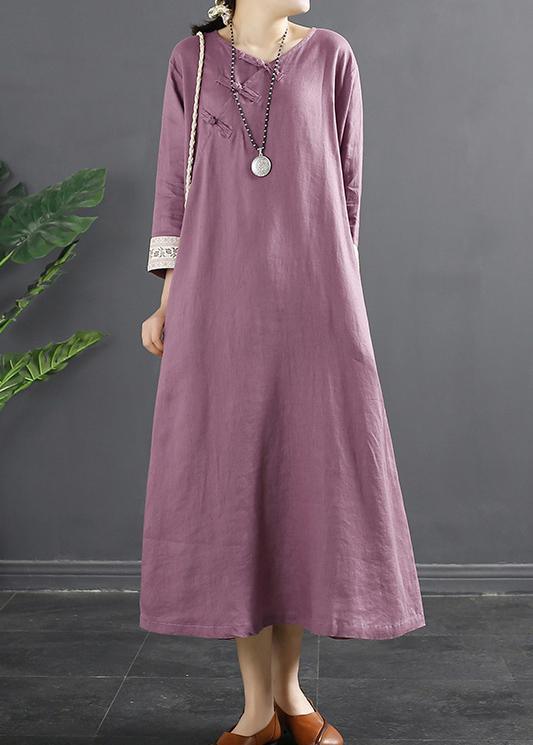 French Purple Clothes Embroidery Long Spring Dresses - Omychic