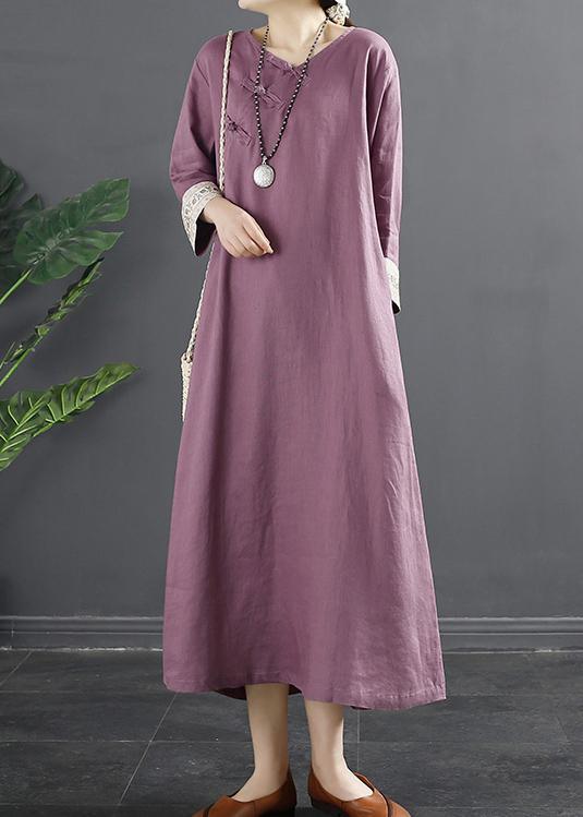 French Purple Clothes Embroidery Long Spring Dresses - Omychic