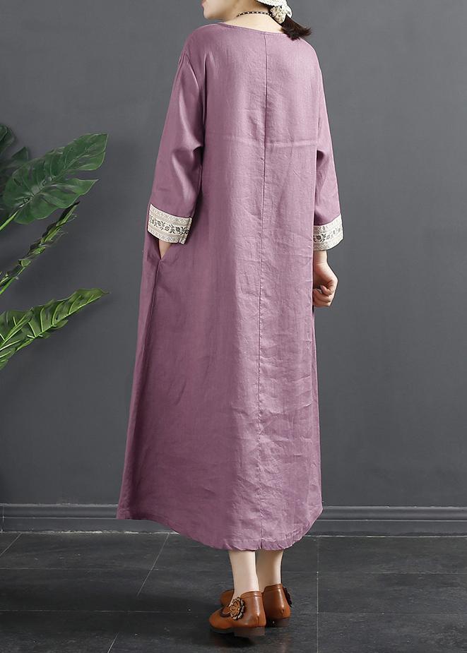 French Purple Clothes Embroidery Long Spring Dresses - Omychic