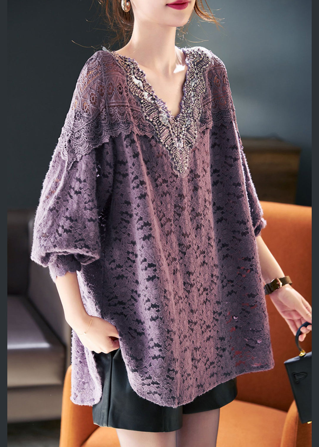 French Purple Hollow Out Patchwork Lace Shirt Spring