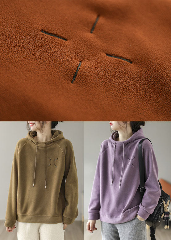 French Purple Hooded Embroideried Fleece Wool Lined Pullover Sweatshirt Spring