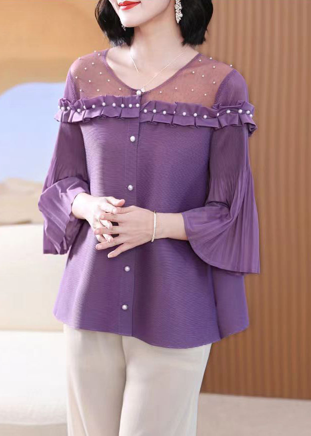 French Purple O Neck Nail Bead Patchwork Cotton Shirts Flare Sleeve