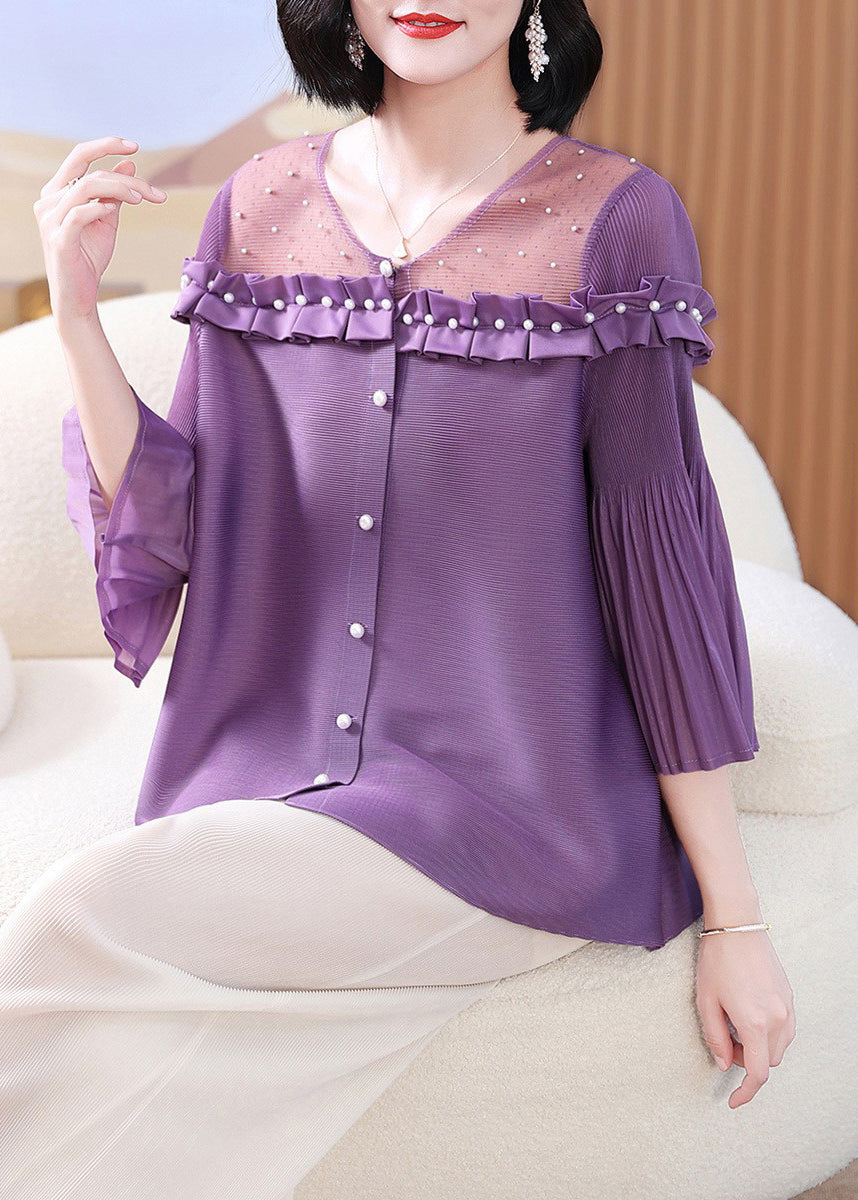 French Purple O Neck Nail Bead Patchwork Cotton Shirts Flare Sleeve