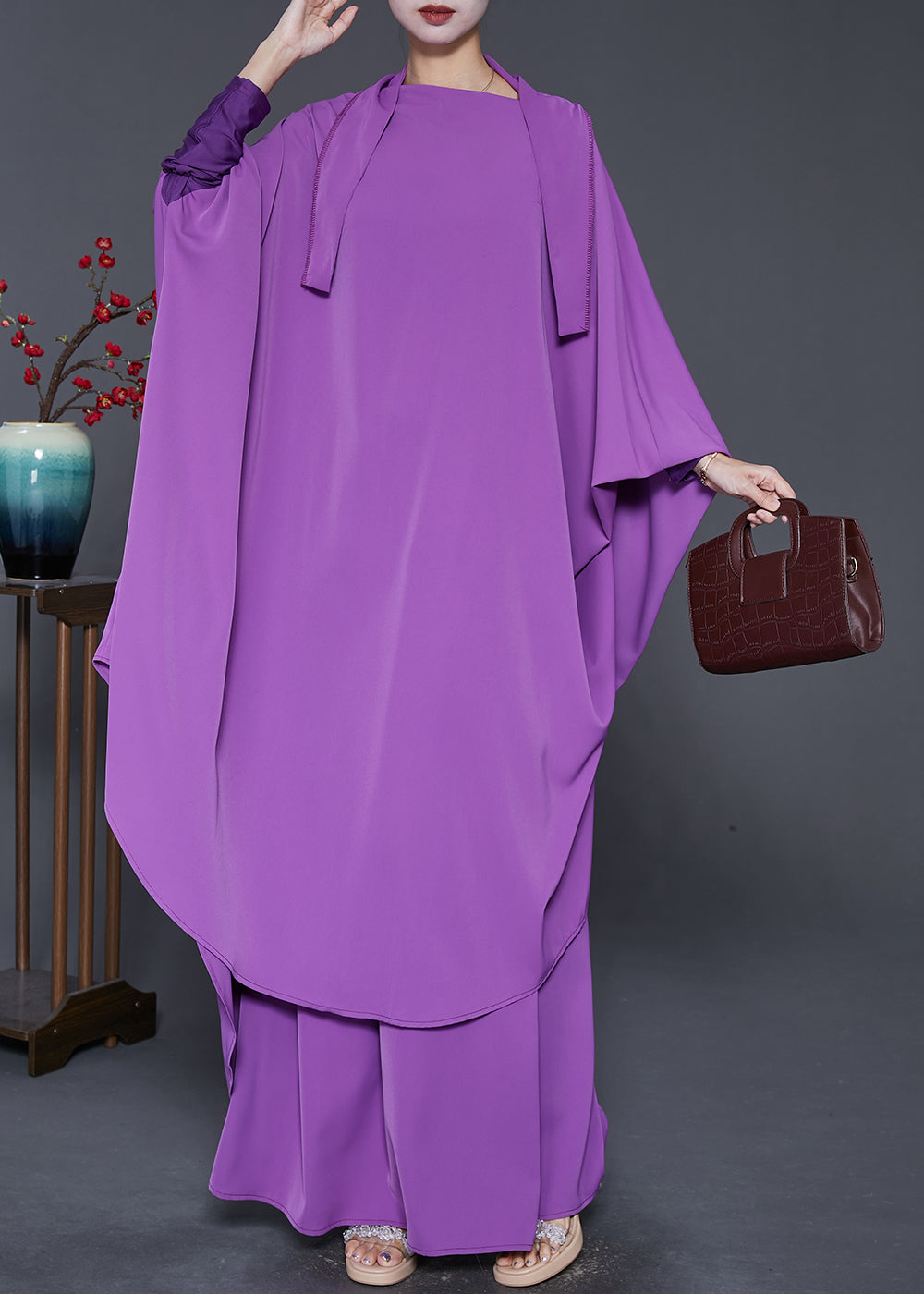 French Purple Oversized Draping Silk Two Piece Set Batwing Sleeve