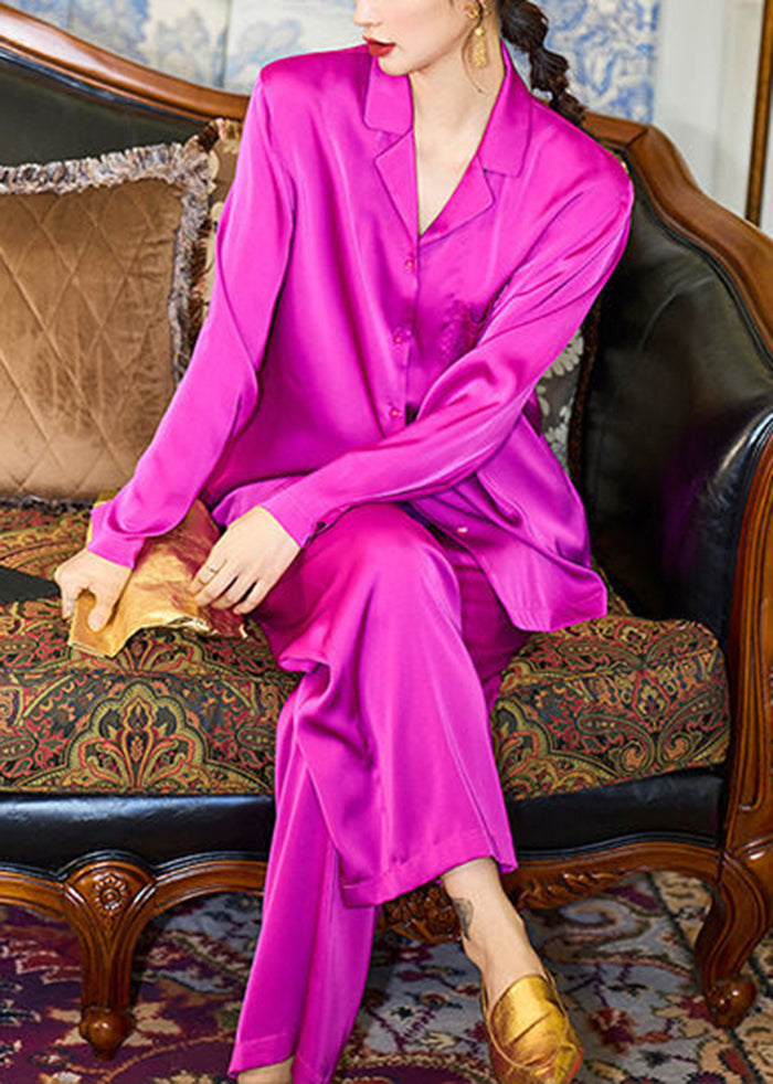 French Purple Peter Pan Collar Pocket Ice Silk Pajamas Two Pieces Set Spring