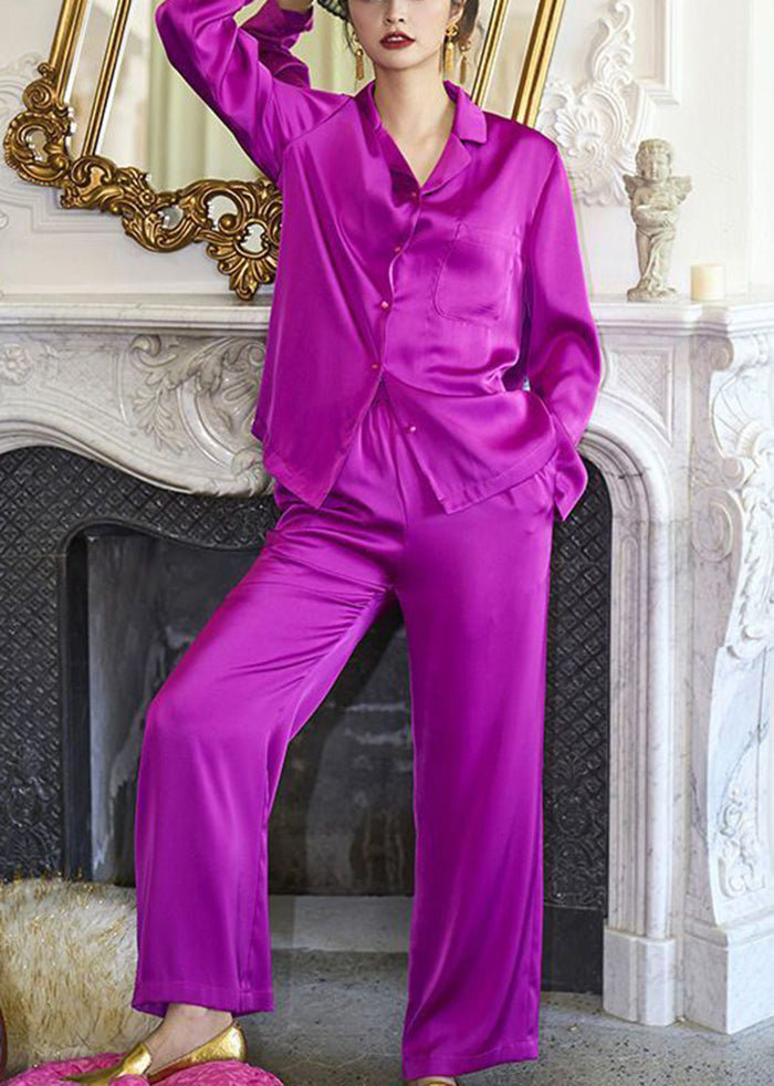 French Purple Peter Pan Collar Pocket Ice Silk Pajamas Two Pieces Set Spring