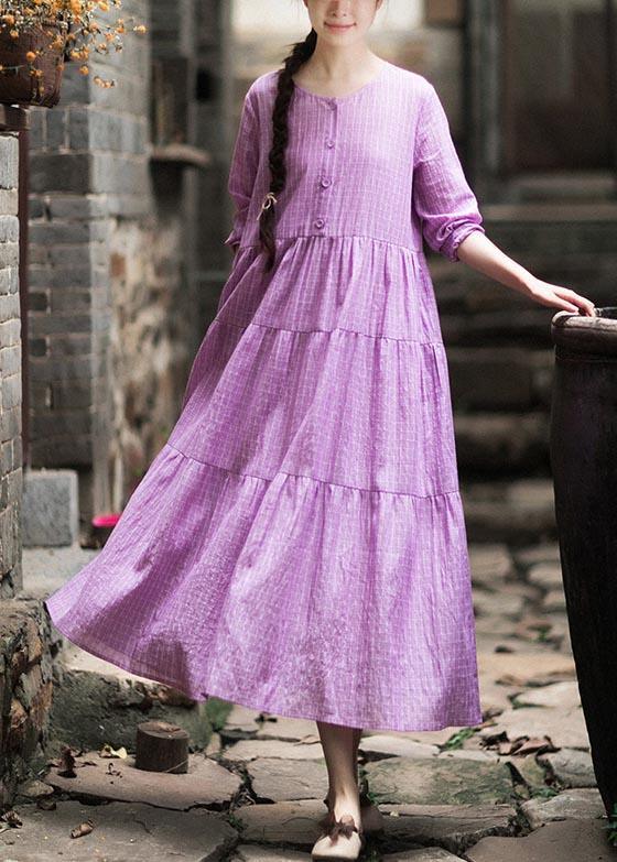 French Purple Plaid Clothes O Neck Patchwork Maxi Spring Dresses - Omychic