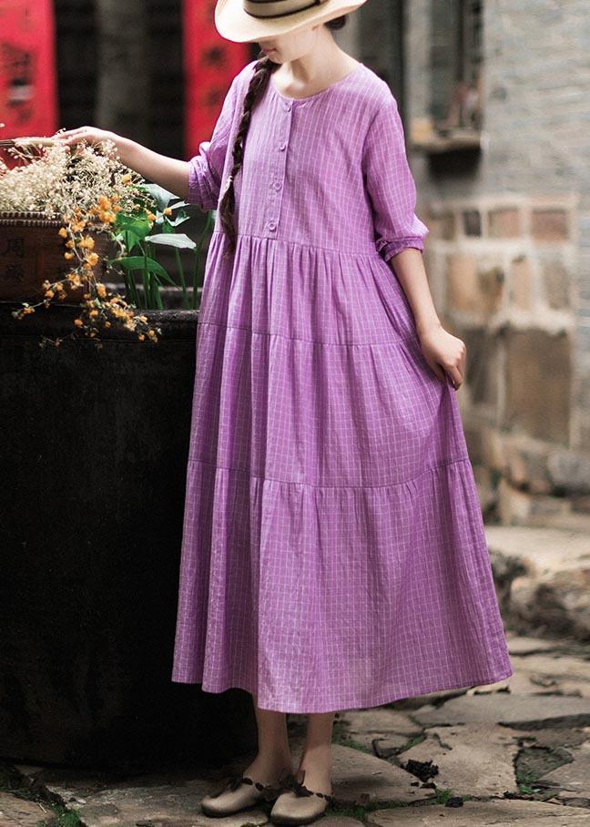 French Purple Plaid Clothes O Neck Patchwork Maxi Spring Dresses - Omychic