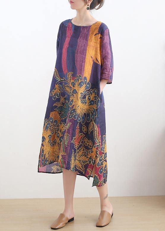 French Purple Print side open Summer Linen Dress - Omychic