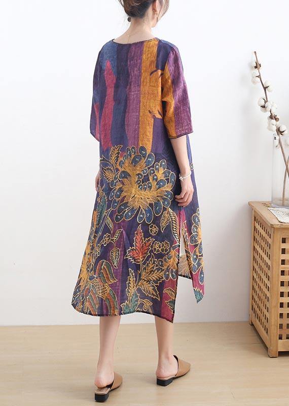 French Purple Print side open Summer Linen Dress - Omychic