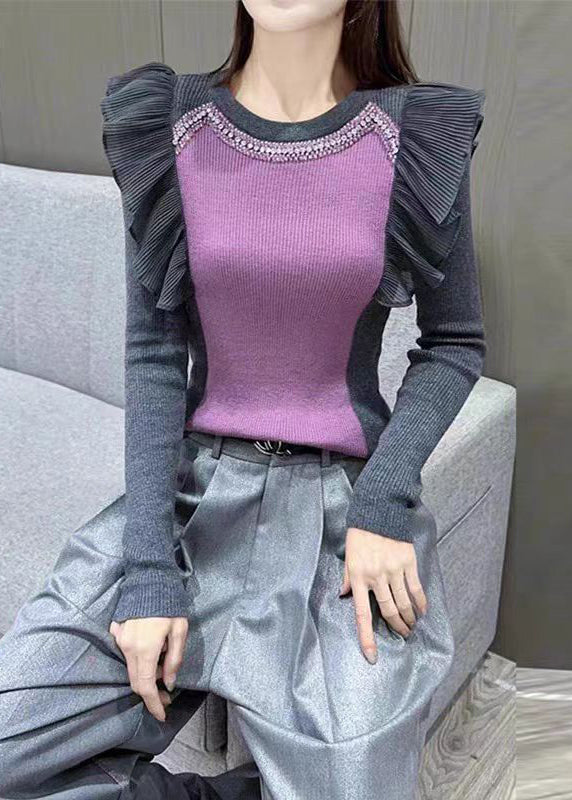 French Purple Ruffled Nail Bead Patchwork Knit Top Long Sleeve