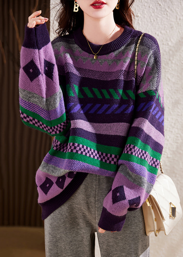 French Purple Striped Thick Knit Sweaters Winter