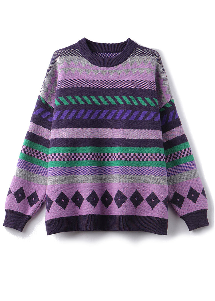French Purple Striped Thick Knit Sweaters Winter