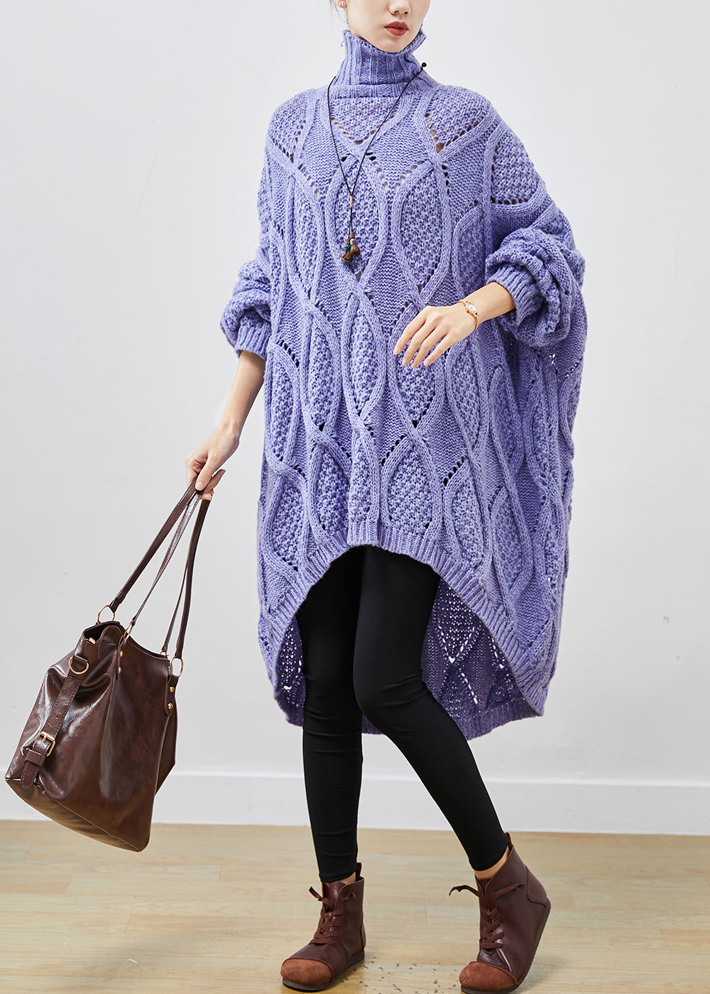 French Purple Turtle Neck Low High Design Cable Long Knit Dress Winter